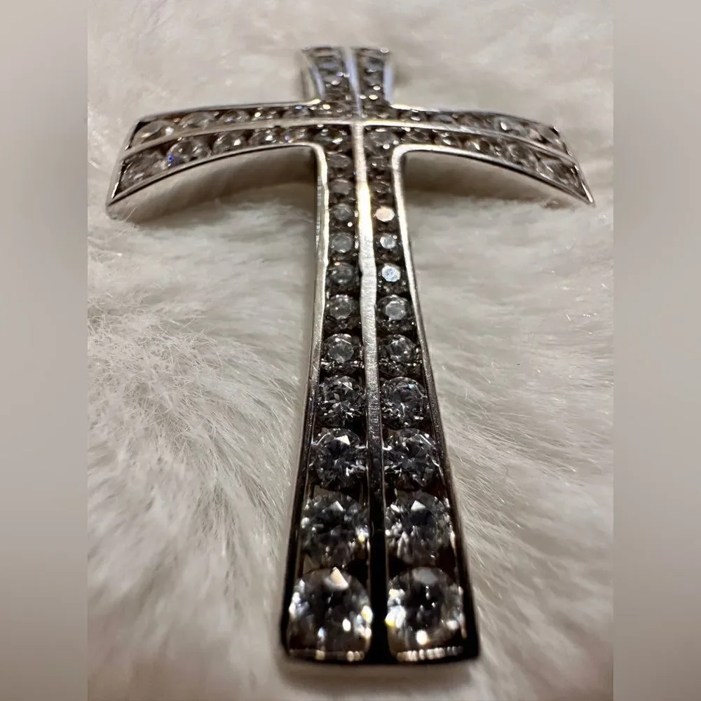 Sterling Silver 925 Cross Pendant With White CZ Stones Modern Curved Design